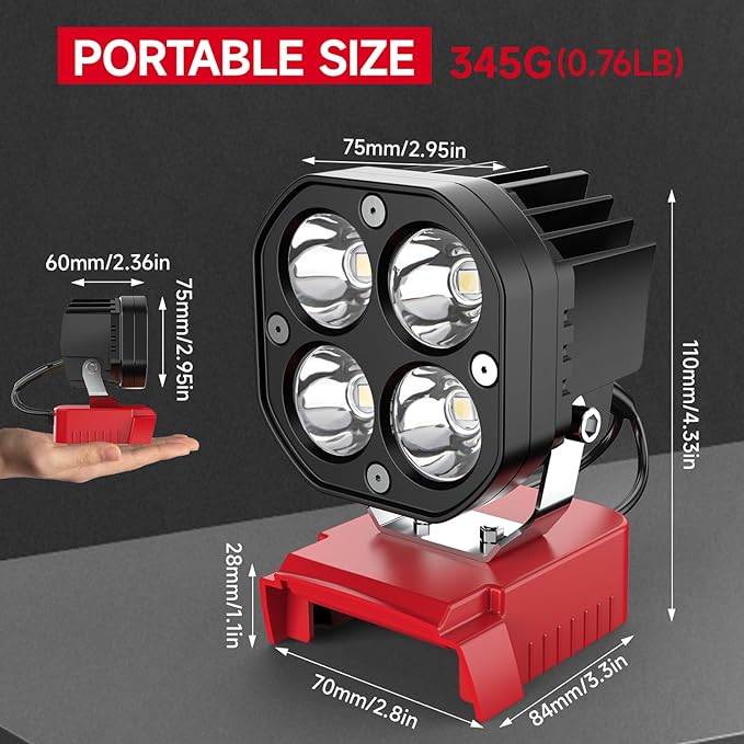 2 Packs Azocek LED Work Light Compatible with Mil-wau-kee 18V Battery, 40W 6000LM Flashlight,18V Battery Cordless Work Light 120째Adjustable with Low Voltage Protection for Outdoors Job Site Lighting