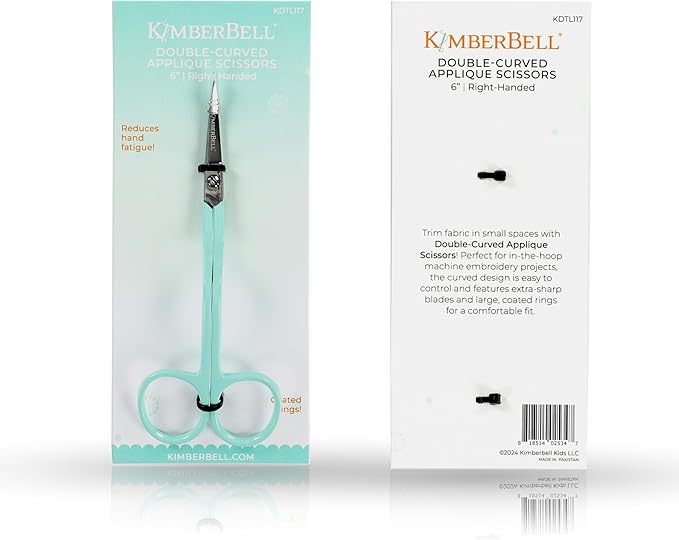 Kimberbell 6" Double Curve Appliqu챕 Scissors - Precision Fabric Trimming for Machine Embroidery & Sewing, German Steel, Extra-Sharp Blades, Right-Handed Comfort Grip Scissors for Embroidery