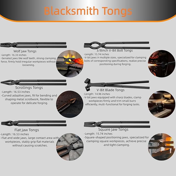 Blacksmith Tongs Set,7PCS Blacksmith Forge Kit for Beginner and Seasoned Blacksmiths, Craftsmen and Bladesmiths