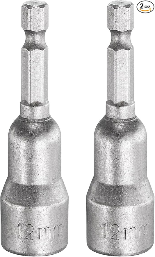 HARFINGTON 2pcs Nut Driver Drill Bit 12mm Metric Socket 1/4" Hex Shank 2.56" (65mm) Long Magnetic 6-Point Sockets Quick Change CR-V Steel Bolt Setters for Power Drill Drivers