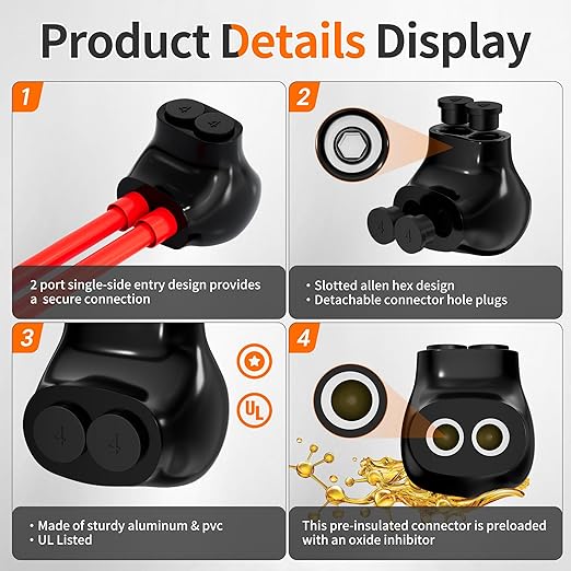 Joinfworld 2 Port Insulated Multi Tap Connector Aluminum to Copper Wire Connectors 4-14AWG Single Side Entry Aluminum Black Electrical Cable Connectors with Slotted Allen Hex - 10 Pack