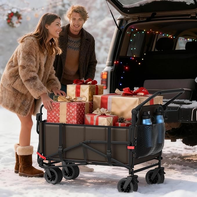 LEVELEVE Heavy Duty Folding Wagon - 2-in-1 Collapsible Cart, 650lb Capacity, All-Terrain Wheels w/Brakes & Side Pockets (Brown)