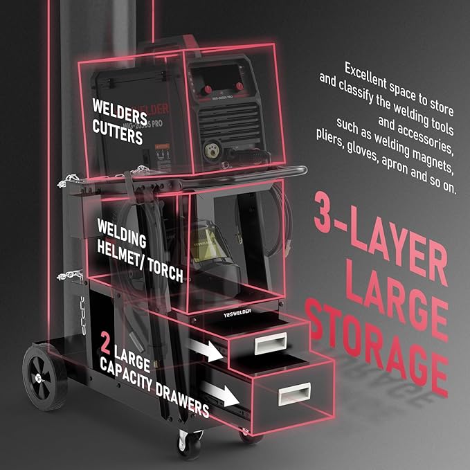 YESWELDER Welding Cart竊?-Tier with 2 Drawers for MIG Welder TIG Welder and Plasma Cutter, Tank Storage Safety Chains, Heavy Duty Large Storage 360째 Swivel Wheels Welding Trolley
