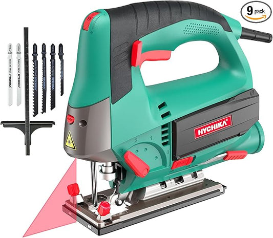 HYCHIKA Jig saw, 6.7A Jig Saw 800-3000SPM with 6 Variable Speeds, 4 Orbital Sets, Bevel Angle 45°, 6PCS Blades, Pure Copper Motor, Laser Guide, Wood Metal Plastic Cutting