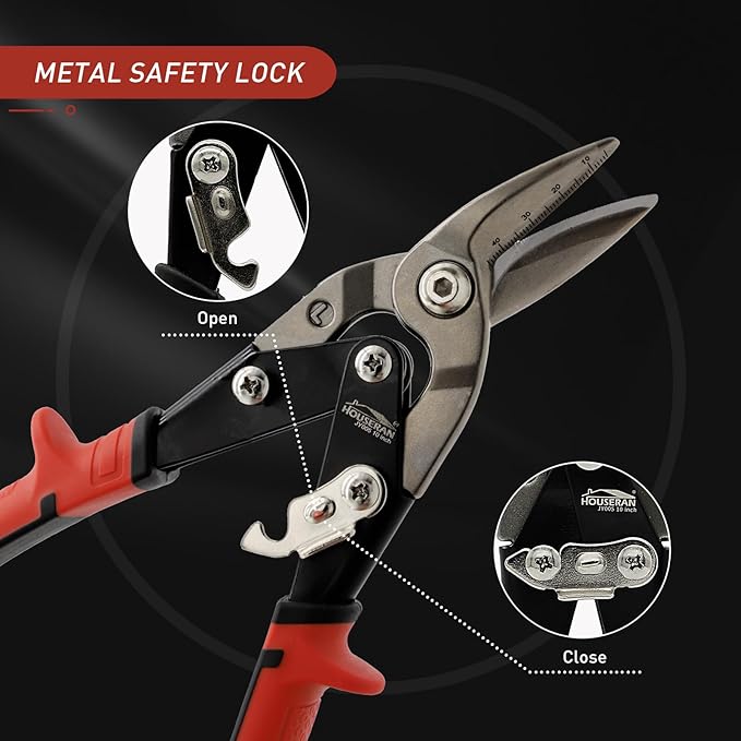 10 Inch Aviation Snips, Left Cut Offset Tin Snip, Heavy Duty CR-MO Tin Cutters with Double Lever, Scale Markings & Safety Lock, Sheet Metal Snips, Shears Scissors for Cutting Metal Sheet