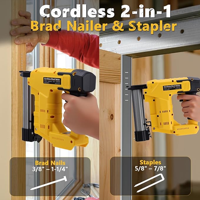 Cordless 2 in 1 Brad Nailer & Staple, Battery Powered, Compatible with De W alt 20V (No Battery), 18 Gauges, Combo Single Mode, Safety Pin, Includes 400 Nails