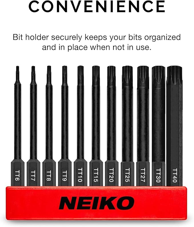 NEIKO 01149A Torx Head Drill Bit Set, 11-Piece Sizes TT6 to TT40 | Tamperproof Magnetic Torx Bits | 3 Quick Release Shanks | Premium S2 Steel | Compatible with Power Drills and Impact Drivers