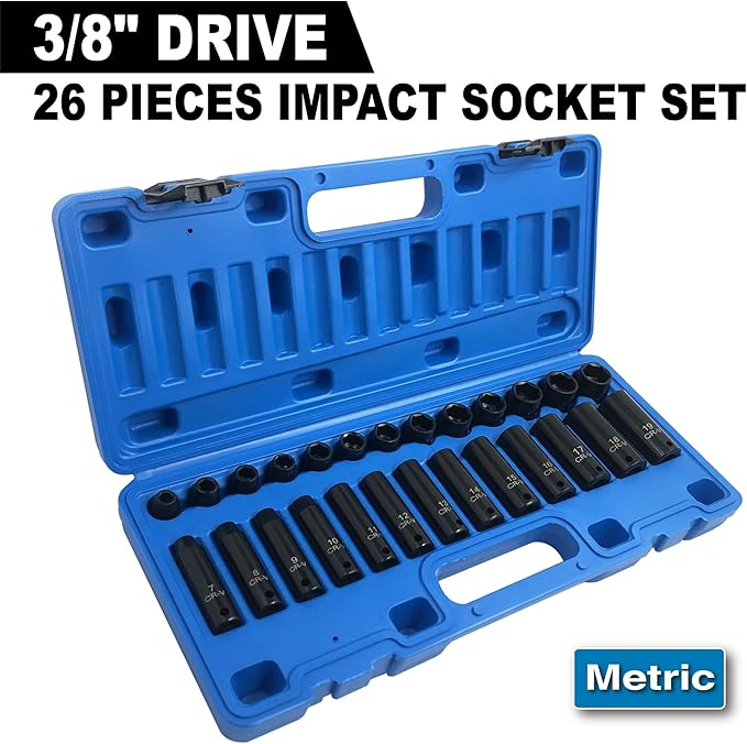 26pcs 3/8" Impact Socket Set, Deep & Standard Socket, Metric 7mm to19mm, 6-Point, Cr-V Steel