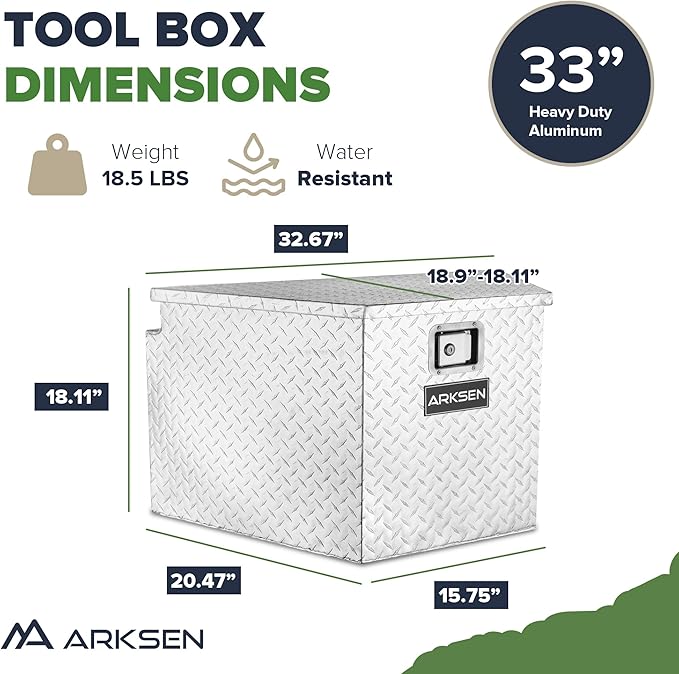 ARKSEN 33 Inch Heavy Duty Diamond Plate Aluminum Trailer Tongue Box Pickup Truck Tool Box Storage Organizer with Weather Resistant Seal, Lock & Keys - Silver