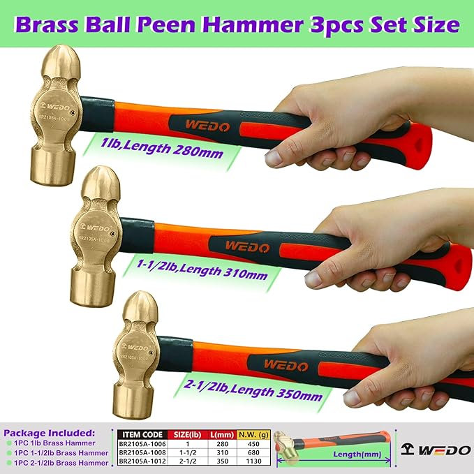 WEDO 3PCS Brass Ball Peen Hammer Set, 16 oz+24 oz+40 oz(1lb+1-1/2lb+2lb-1/2lb), Brass Ball Pein Hammer Set with Fiberglass Handle, Die-Forged, Corrosion Resistant, DIN Standard