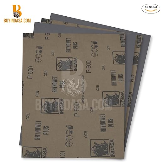 Indasa 50 PCS 9x11??Wet & Dry Sandpaper Sheets, 600 GRIT, Clog-Resistant Abrasive for Wood, Metal, Auto, Paint & Clear Coat Finishing, Sand Paper Silicon Carbide, Plusline