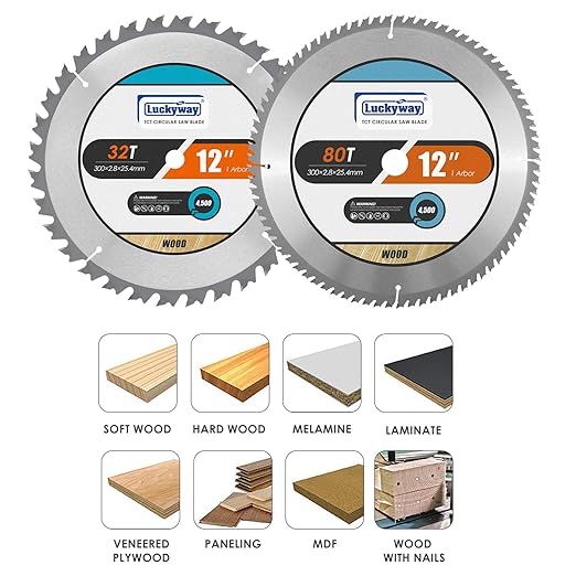 Luckyway 12 Inch Miter Saw Blades 32T General Purpose & 80T Fine Finish with 1 Inch Arbor TCT (Tungsten Carbide Tipped) Saw Blade for Cutting Wood 2-Pack