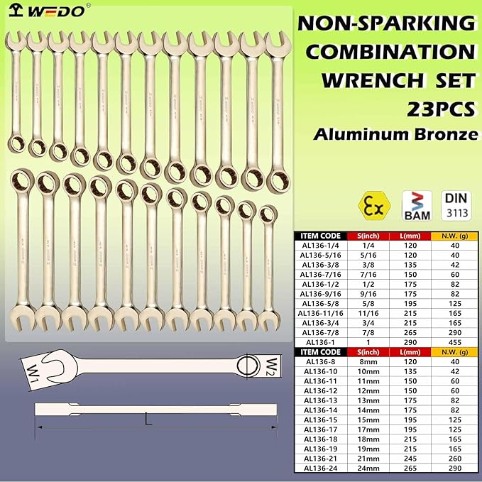 WEDO 23PCS Non-Sparking Combination Wrench Set,SAE 1/4" to 1",Metric 8mm to 24mm,12 Point Design,Aluminum Bronze,Corrosion-resistance,BAM&FM Certificate