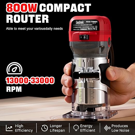 Router Tool, 6.5Amp 1.25HP Wood Routers for Woodworking, 13000-33000 RPM 6 Variable SpeedsHand Wood Tool Compact Edge Trimmer with 12 1/4" Router Bit Set (US6)