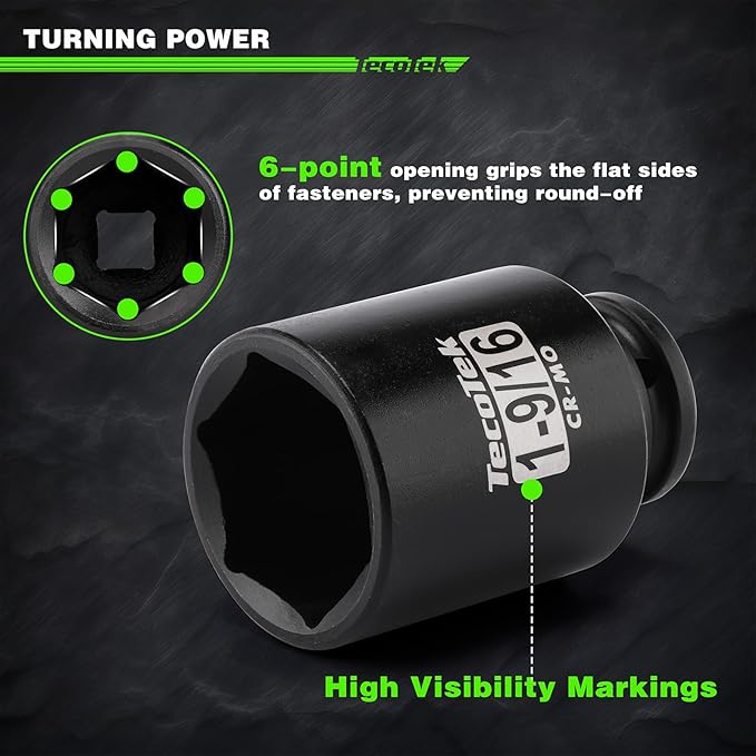 1/2" Drive Deep 6-Point Impact Socket Set, 11-Piece Standard SAE Spindle Axle Nut Impact Socket Set, Cr-Mo, 1-3/8-Inch to 2-Inch Size