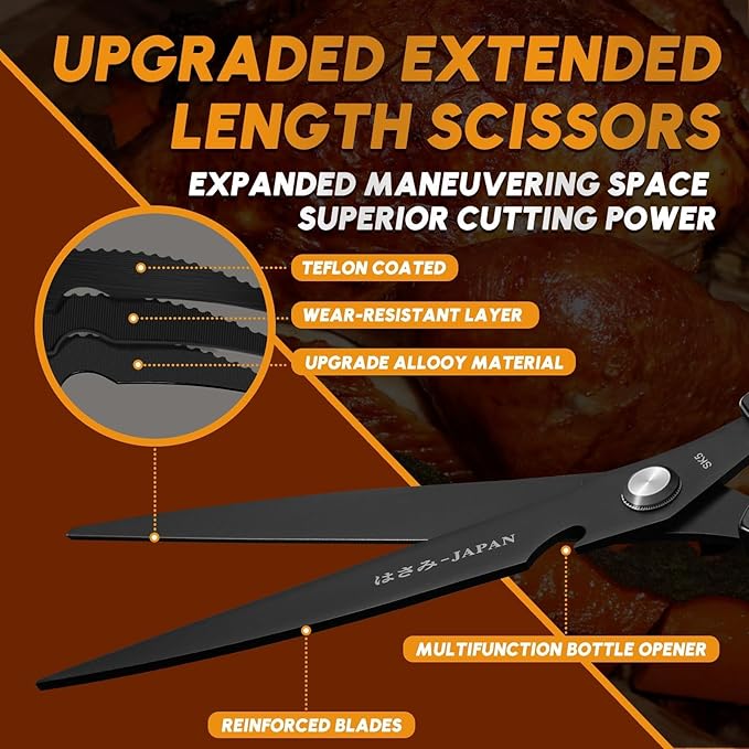 HUUSK Kitchen Scissors Set Black - Upgraded Stainless Steel Kitchen Shear, Sharp Meat Scissors, Heavy Duty Poultry Shears, Japanese Cooking Scissor for Food, Dishwasher Safe Christmas Gifts for Women