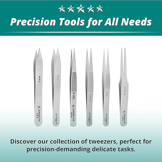 Excelta M-00D-SA Miniature Straight Medium Pointed Tweezer, Serrated Tips and Handle, Neverust Stainless Steel, 3.38" Length, Conductive Surface