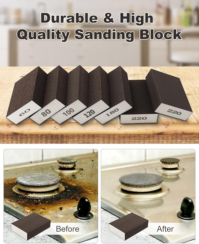 Rocaris 60 Pack Sanding Blocks, Washable and Reusable Sanding Sponge Fine Coarse for Wood and Drywall 60, 80, 100, 120, 180, 220 Grit