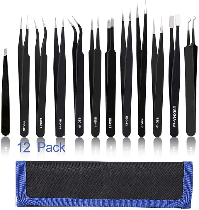 BOENFU Precision Tweezers Set 12 PCS Electronic Tweezers ESD 11, 12, 13, 15, 17 Pointed Tip Tweezers Kit for Electronics,Soldering, Craft, Jewelry, Ingrown, Eyelash