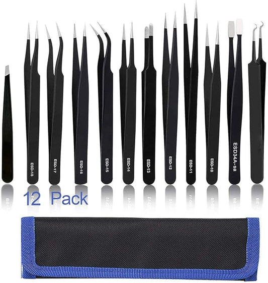 BOENFU Precision Tweezers Set 12 PCS Electronic Tweezers ESD 11, 12, 13, 15, 17 Pointed Tip Tweezers Kit for Electronics,Soldering, Craft, Jewelry, Ingrown, Eyelash