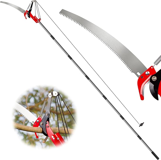Suchtale 10FT Pole Saw for Tree Trimming, Manual Tree Pruner with Steel Saw Blade & Scissors, Long Handle Branch Cutter Pole, Extendable Limb Trimmer for High Branches, Yard Garden Pruning Tool