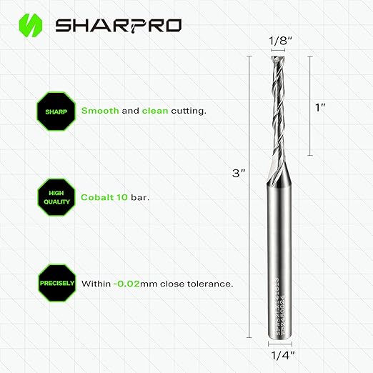 Extra Long 1/8 Router Bit 1/4 Shank, Spiral Upcut Router Bits 1/4 Inch Shank 1/8 Inch Cutting Dia. 1 CL. 3'' OVL. Carbide CNC Router Bit, Ideal for Wood Inlay, Plunge Plastic 5PCS
