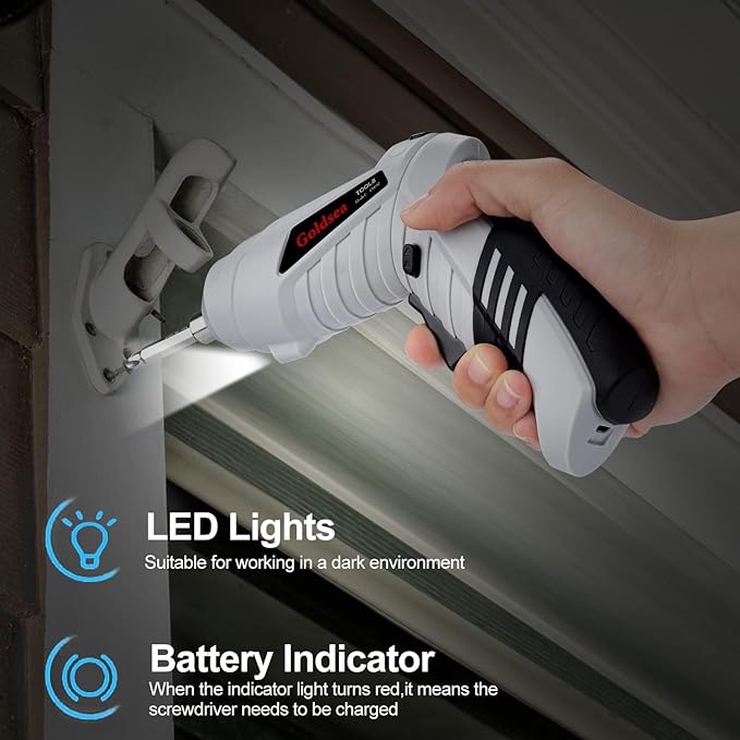 Electric Screwdriver Cordless, Goldsea 4.2V 3.5N.m 1500mAh Battery Rechargeable via Type-c, 1/4" 10pcs Magnetic Bits, Hex Chuck, 90째 to 180째 Adjustable Handle, LED Light for Home DIY & Repairs-Gray