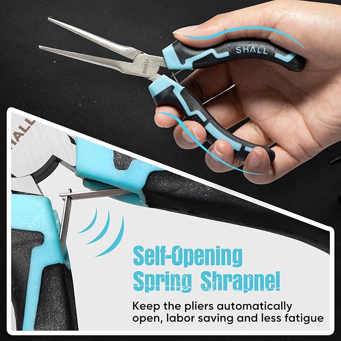 SHALL 6" Mini Needle Nose Pliers Set, 2PCS Long Nose Pliers & Bent Nose Pliers with Comfort Grip Handles, Non-Serrated Small Needle Nose Pliers for Jewelry Making, Bending Wire, Crafts, Home Repair