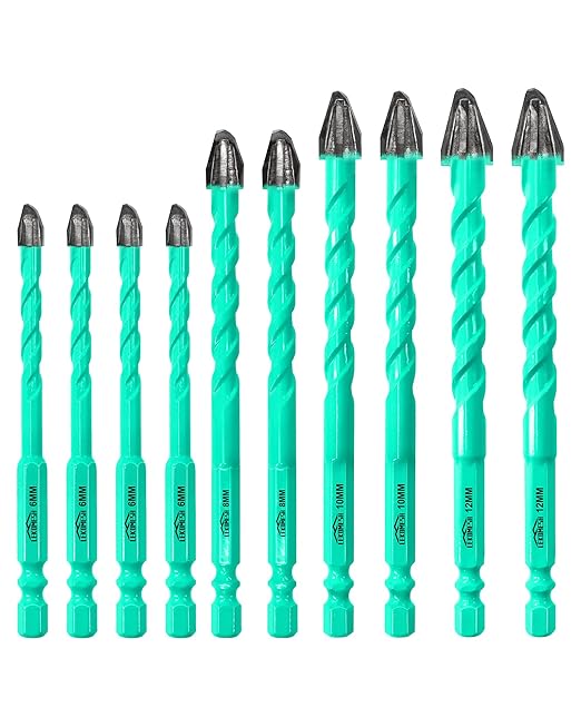 10PCS Nine Blades Serrated Carbide Masonry Drill Bit Set - 1/4"*4, 5/16"*2, 3/8"*2, 1/2"*2 Wood Drill Bits for Wood Plastic Masonry Brick Tile Glass Concrete Marble