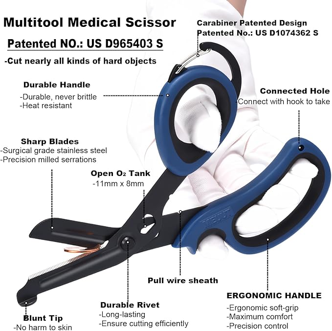 MEUUT 2 Pack Medical Scissors Trauma Shears with Carabiner design, 7.5" Fluoride Coated Non-stick Blades Bandage Scissor for Nurses, EMT, Household, outdoors