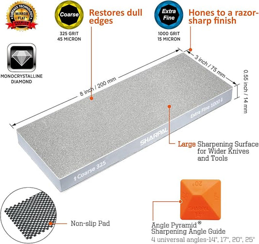 SHARPAL 168H Large 8" x 3" Dual-Grit Diamond Sharpening Stone ??Coarse 325 & Extra-Fine 1000 Grit Monocrystalline Diamond Whetstone, Professional Knife Sharpener with Anti-Slip Pad and Angle Guide
