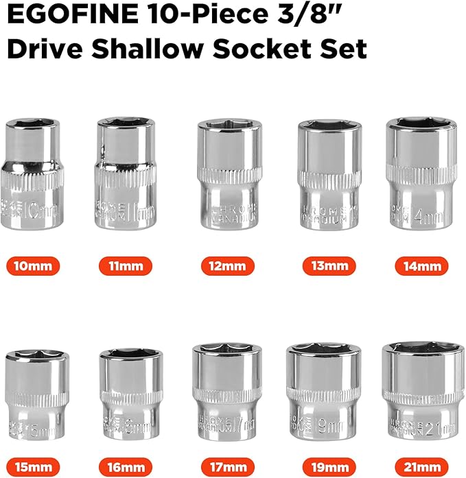 Egofine 10PCS 3/8??Drive Standard Socket Set,Shallow,Metric竊?0-21mm,6 Point Socket Set With Hanging Bracket,Cr-V Steel