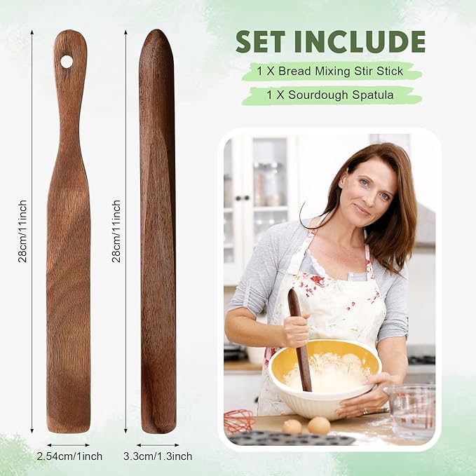Baderke 11 Inch Wooden Sourdough Bread Mixing Stir and 13 Inch Wooden Spatula Paddle Stirring Stick for Kitchen Cooking Mixing Tool for Sourdough Starter Cookware Pot(Acacia)