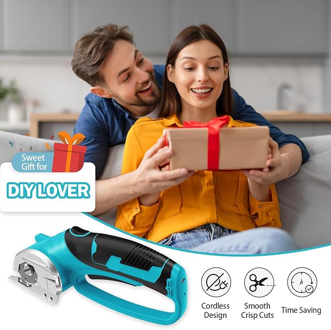 Cordless Electric Scissors, 4V Rechargeable Box Cutter & Cardboard Cutter with LED Light, Safety Lock - Rotary Cutter for Fabric, Leather, Plastic, Crafting, Sewing with Storage Box (Turquoise)