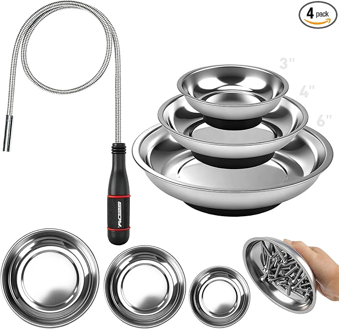4 Pack Telescoping Magnetic Pickup Tool with 3in 4in 6in Magnetic Parts Trays, Magnet Flexible Spring Stick, Magnet Retrieving Sweeper for Nail, Screws & Metal Debris Workshop Garage