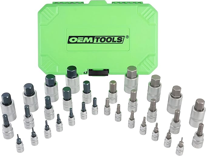 OEMTOOLS 22989 32 Piece Hex Bit Socket Set, SAE and Metric Bit Sockets, 1/2", 1/4", and 3/8" Drive Hex Bit Socket Set Metric and SAE Included