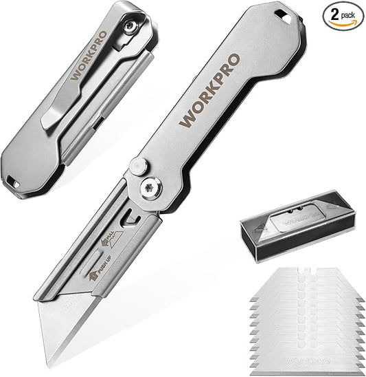 WORKPRO 2PCS EDC Folding Utility Knife, Mini Box Cutter with Quick Open Axis Lock, Quick Change Blade Razor Knife, Foldable Small Pocket Knife with Belt Clip, 2 Packs with 10 Extra Blades