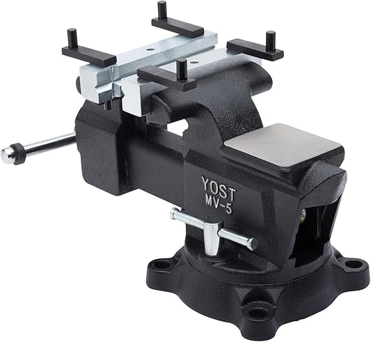 Yost Vises MV-5 5" Wide Jaw Multipurpose Bench Vise | Industrial-Grade Work Table Mechanic Tools for Wood & Metal Works | 360째 Swivel Base | Includes 4 Jaw Dogs