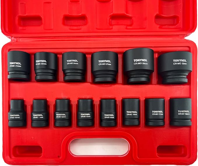 1/2 Inch Shollw Drive Impact Socket Set,6-Point,Metric (10mm-32mm),14 Pcs,Cr-Mo Steel,With a Storage Case