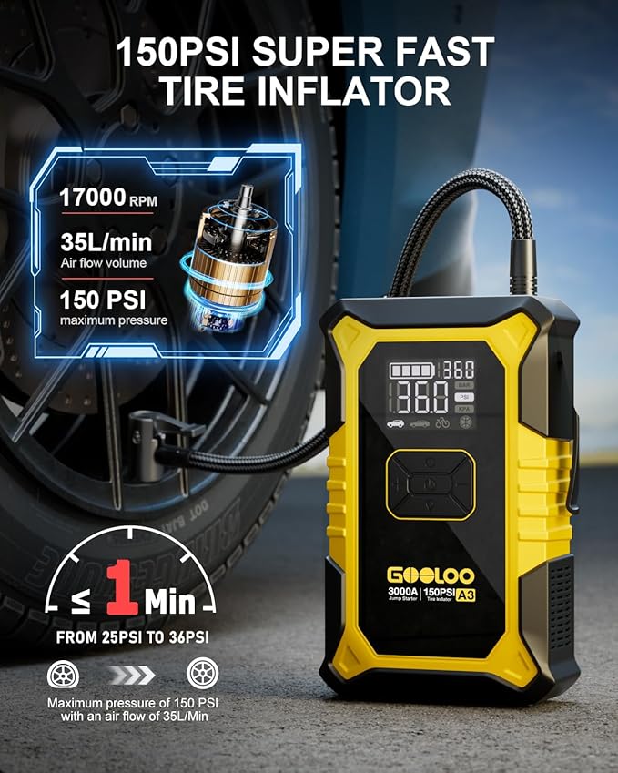 GOOLOO A3 Jump Starter with Air Compressor, 3000A Portable Car Battery Jumper Starter (9.0 Gas/6.5L Diesel) with 150PSI Auto-Shutoff Tire Inflator, 12V Supersafe Lithium Jump Box Car Booster, Yellow