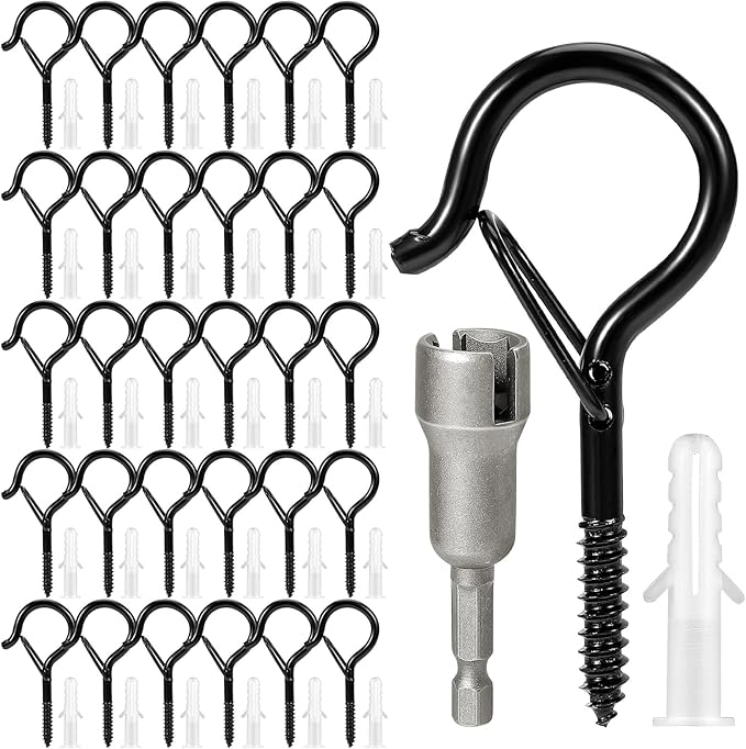 30 PCS Q Hanger Hooks with Safety Buckle, Windproof Screw Hooks, Outdoor String Lights, Plants, Christmas Lights, Patio Lights Use, 2.2 Inches, Black with 1 Wing Nut Driver