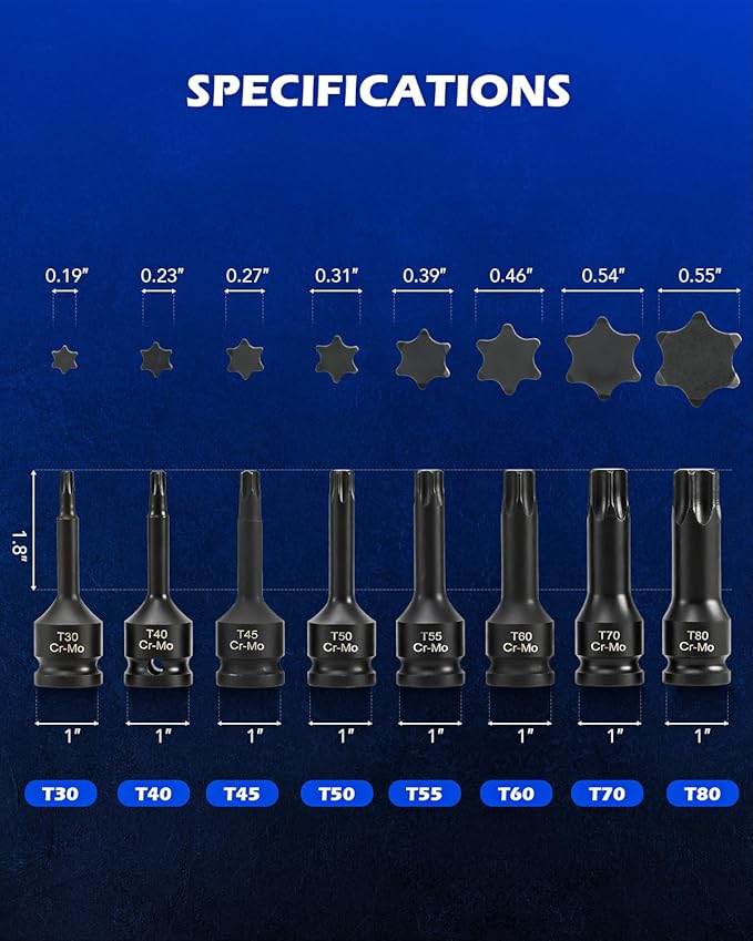 Orion Motor Tech Torx Bit Socket Set, 8pc 1/2" Drive Impact Torx Bit Socket Set T30 T40 T45 T50 T55 T60 T70 & T80 Sockets, Cr-Mo Steel Torx Impact Socket Set for Fastener Replacement with Carry Case