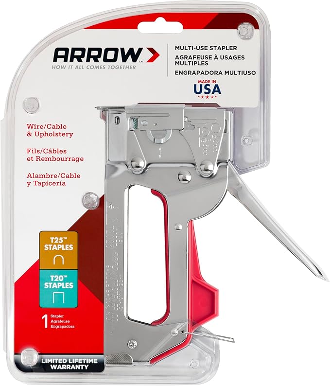 Arrow T2025 2-In-1 Staple Gun and Wire Tacker for Upholstery, Crafts and Low Voltage Wiring, Fits 3/8?? 7/16", or 9/16??Round Crown, or 5/16?? 3/8?? or 1/2" Flat Crown Staples
