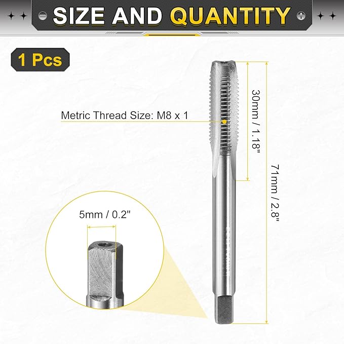 uxcell Hand Plug Tap M8 x 1 H2 Metric Thread Plug Style Taps Straight Flute Screw Tapping Threading Tool 9CrSi Alloy Tool Steel