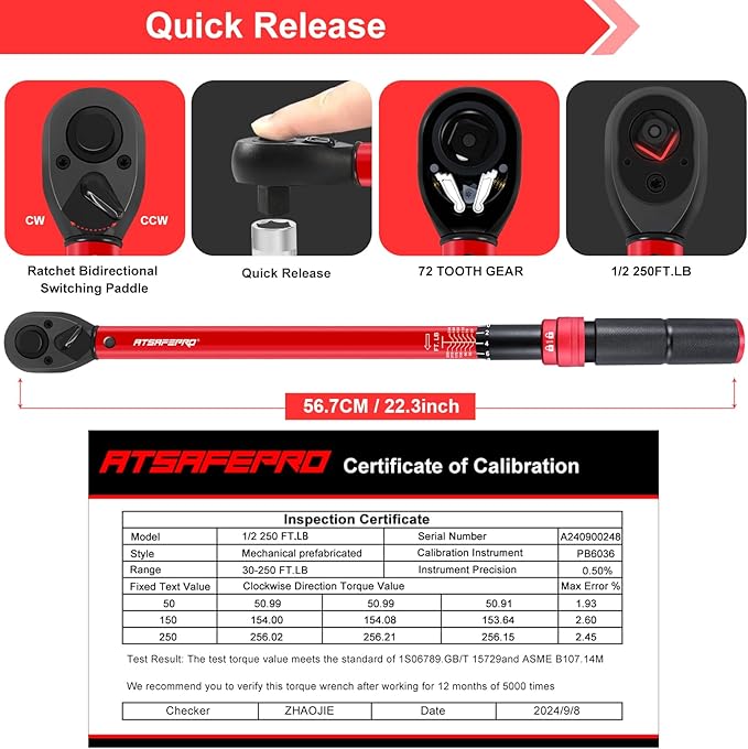 ATsafepro 1/2 Torque Wrench,1/2 Torque Wrench 30-250 Ft Lb(40.7-339.0 Nm) Dual scale,torque wrench 1/2 drive 250 ft-lb Pre-Calibrated Accuracy+-3% - Ideal for Automotive & Heavy Machinery Use