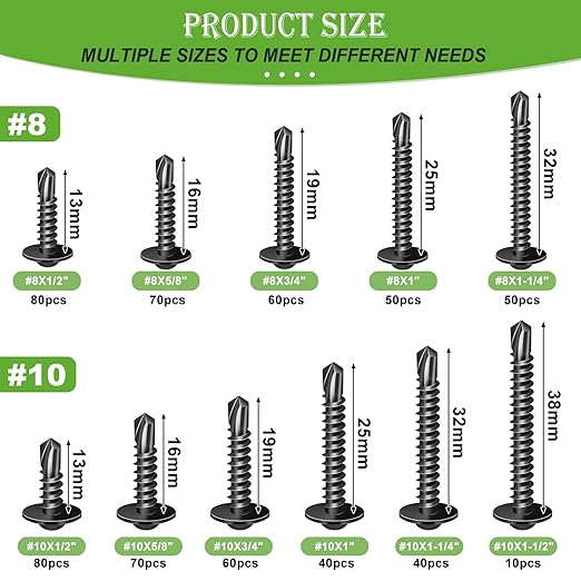mxuteuk 610PCS #8#10 Black Self Tapping Screws,410 Stainless Steel Self Drilling Screws for Metal,Truss Head Black Self Tapping Screw for Metal,Plastic,Wood(1/2" to 1-1/2")