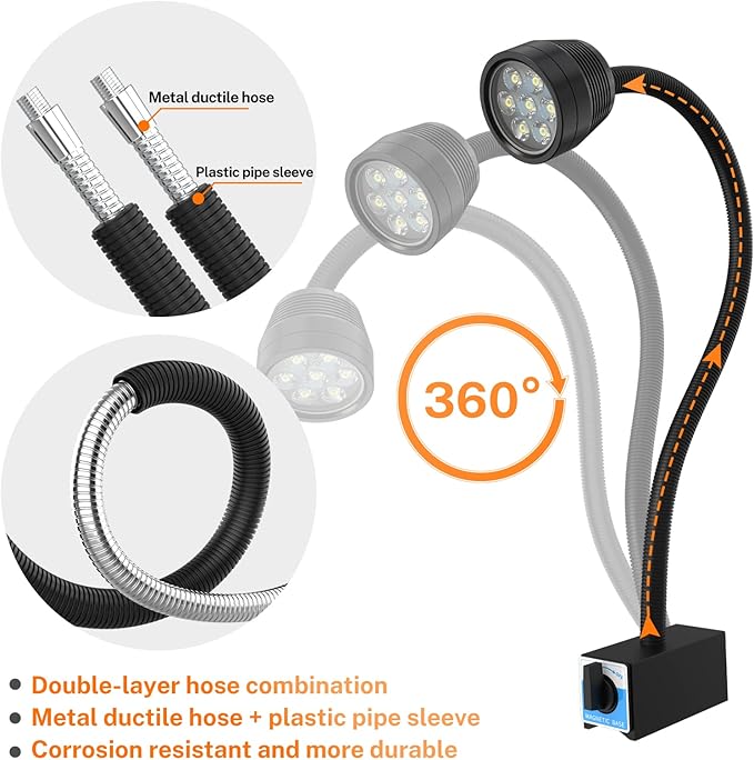 Magnetic Work Light, Led Magnetic Lamp, IP65 Water Proof Flexible Gooseneck Lamp 1400 Lumens for Lathe Milling, Drill Press, Industrial Lighting,with 12T Magnetic Base…