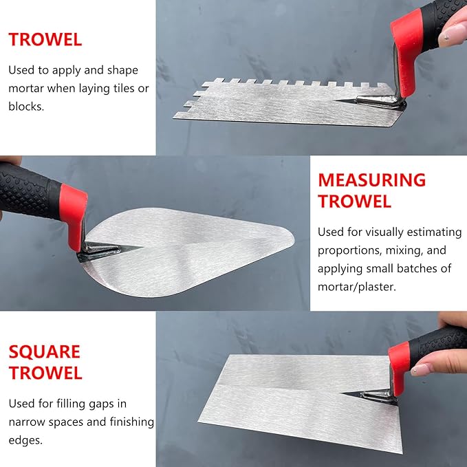 8 Pack Masonry Hand Tool Set, 3 PC Brick Trowels, 3 PC Margin Trowels, 7??Gauging Trowel and 7??Bucket Trowel, Bricklaying Hand Tool for Concrete, Cement, Plaster, Tile Construction Projects
