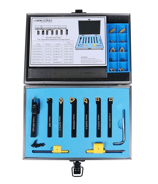 Accusize Industrial Tools 7 Pieces/Set 1/4'' Indexable Carbide Turning Tool Set with 10 Extra Carbide Inserts and 1 pc 6'' Rigid Steel Ruler in Fitted Box