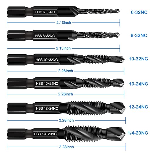 6 Packs Combination Drill & Taps Bit Set, Screw Tapping in SAE Size 6-32nc 8-32nc 10-32nc 10-24nc 12-24nc 1/4-20nc with Anti-Rust Black Coating, 1/4??Hex Shank and Storage Case